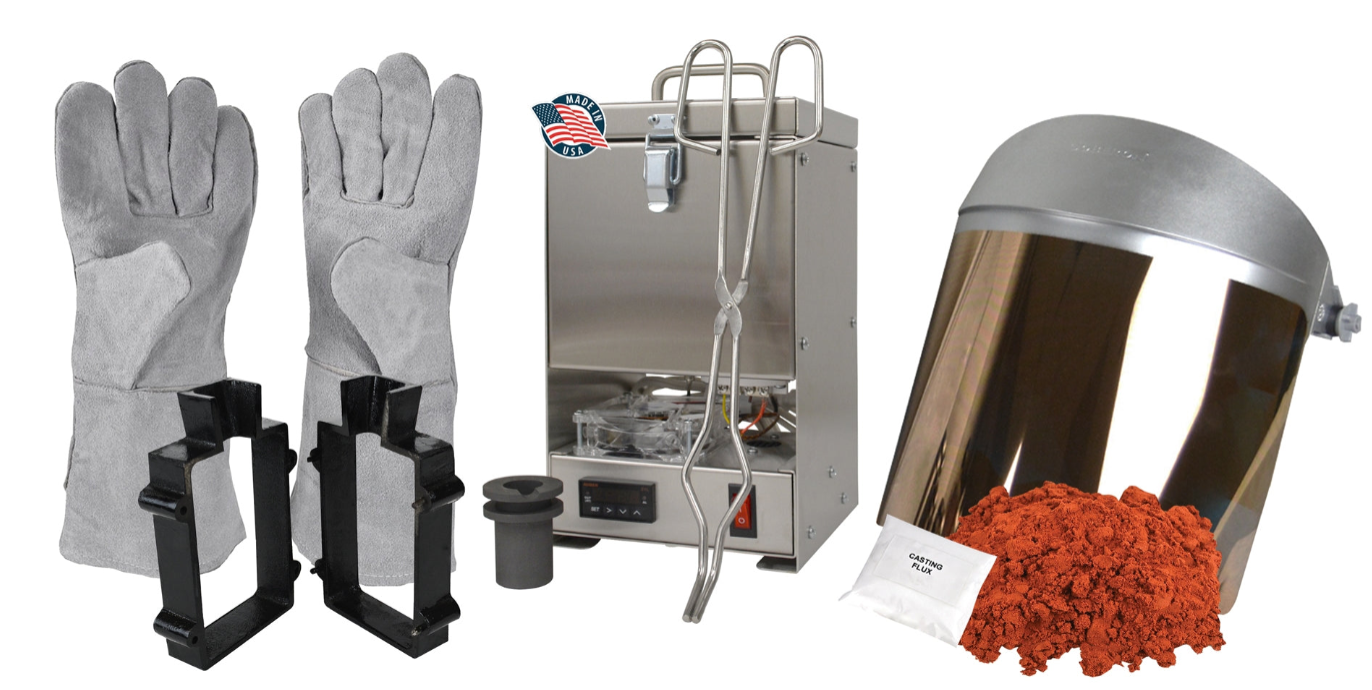 10 Oz QuikMelt TableTop Furnace Sand Casting Set with Petrobond, Safety Gear, Tongs, Crucible, Cast Iron Mold Flask Frame, Parting Powder, & Flux