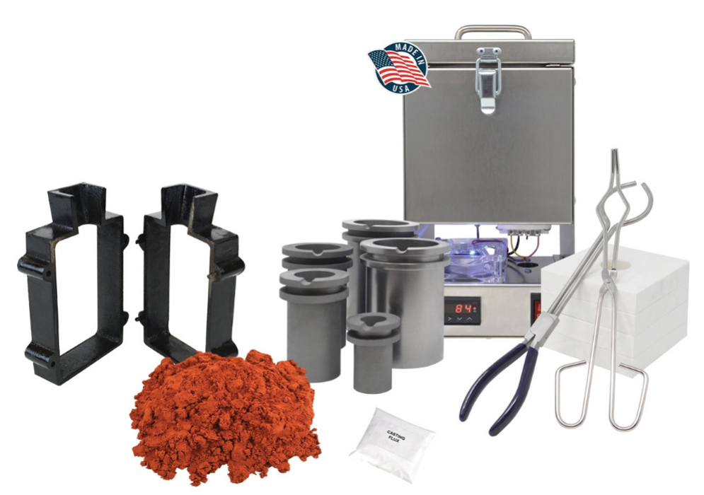Deluxe QuikMelt TableTop Furnace Sand Casting Set with Petrobond, Flanges, Tongs, Crucibles, Mold Frame, Parting Powder, & Flux